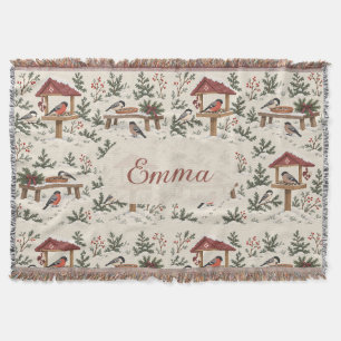 Personalised Nordic Christmas Bird Feeder Scene Throw Blanket