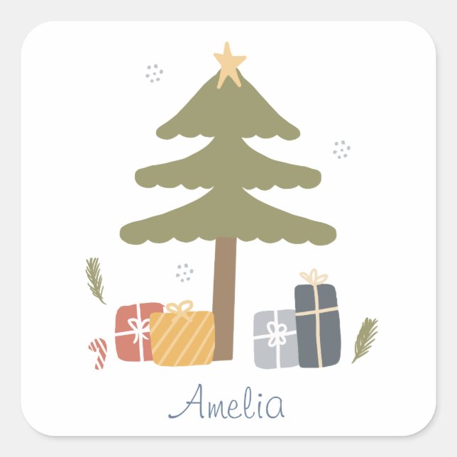 Personalised Nordic Christmas Tree Holiday Square Sticker (Front)