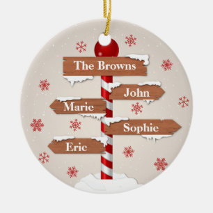 Personalised North Pole 4 Family Names Ceramic Tree Decoration