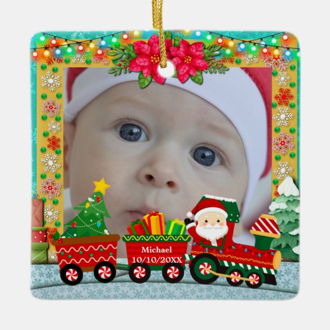 Personalised North Pole Express Photo Christmas Ceramic Ornament (Front)