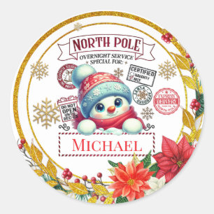 Personalised North Pole Snowman Christmas Gift Classic Round Sticker