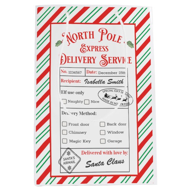 Personalised North Pole Special Delivery Santa Medium Gift Bag (Front)
