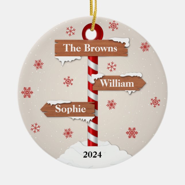 Personalised North Pole with 3 Customisable Signs Ceramic Tree Decoration (Front)