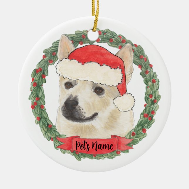Personalised Norwegian Buhund Dog Christmas Ceramic Tree Decoration (Front)