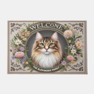 Personalised Norwegian Forest Cat Floral Welcome Doormat