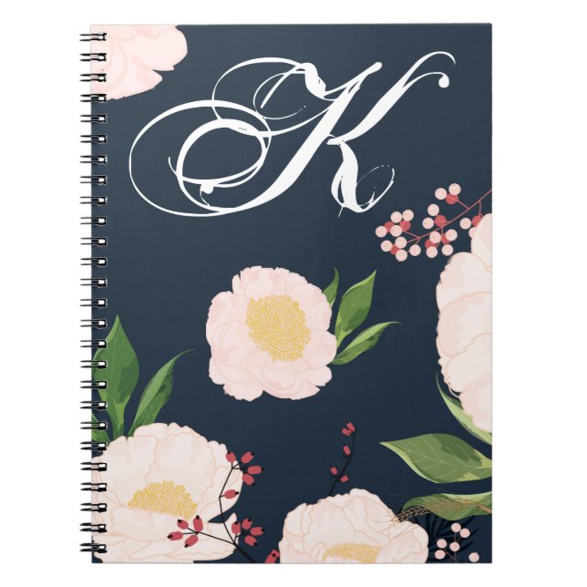Personalised Note Book White Floral Flowers on Dar (Front)