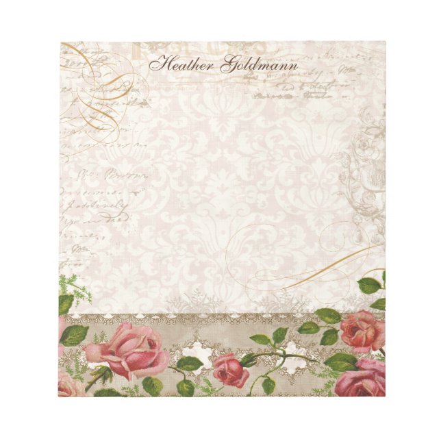 Personalised Note Pad Name, Trellis Rose Vintage (Front)