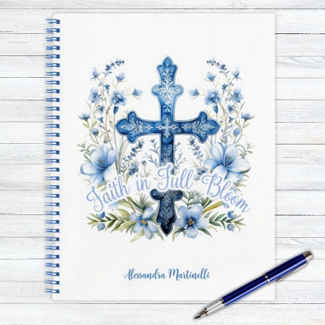 Personalised Notebook Faith in Full Bloom Easter (Personalized Notebook Christian Easter Gift Cross and Bluebonnet Floral)