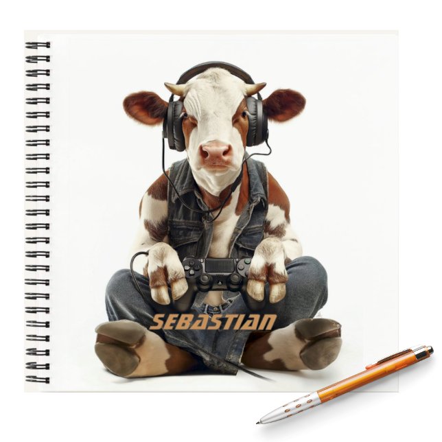Personalised Notebook Gamer Cow for Kids (Funny Cow wearing headphones and jeans playing video games personalized kids notebook)
