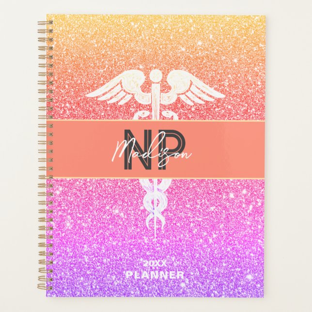 Personalised NP Nurse Practitioner Rainbow Glitter Planner (Front)