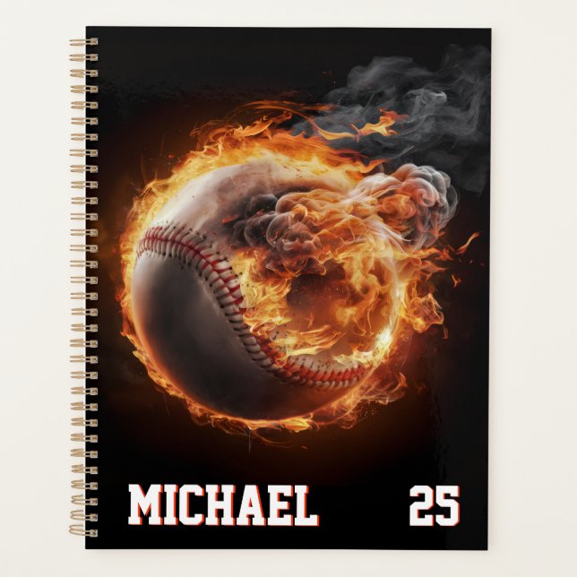 Personalised Number and Name Baseball Ball on Fire Planner (Front)