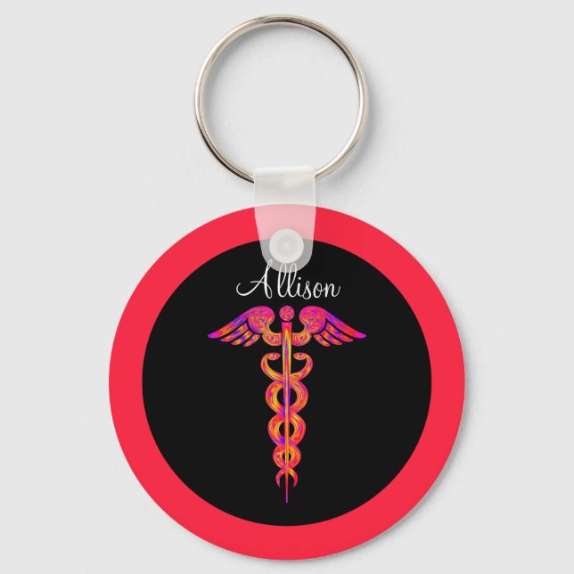 Personalised Nurse Colourful Caduceus Medical Key Ring (Front)