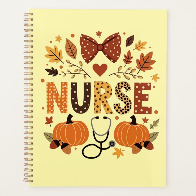 Personalised Nurse – Cute Pumpkin & Autumn Leaves  Planner (Front)