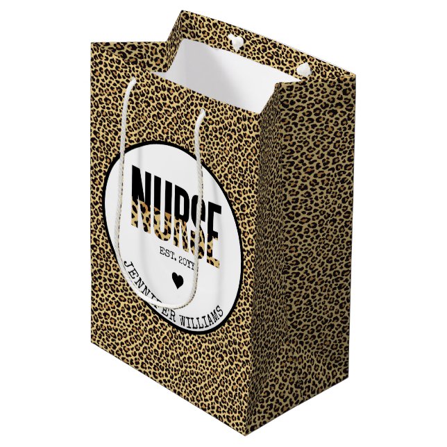 Personalised Nurse Est Cheetah RN Graduation  Medium Gift Bag (Front Angled)