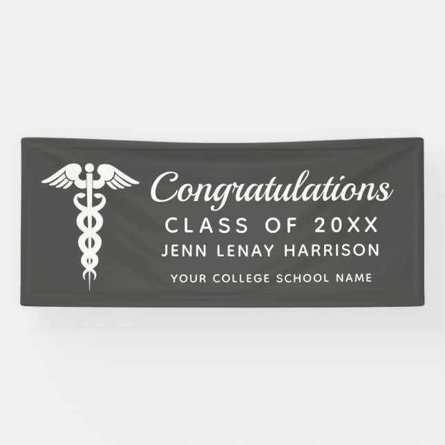 Personalised Nurse Graduation Caduceus Grey Party Banner (Horizontal)
