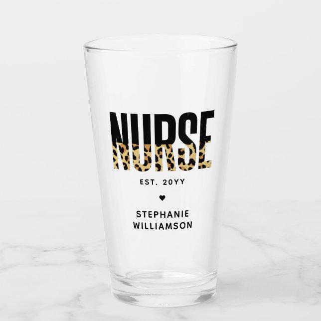 Personalised Nurse Leopard Print RN Graduation Glass (Front)