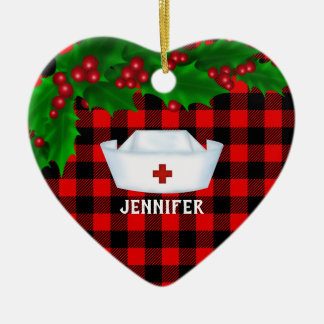 Personalised Nurse Red Buffalo Plaid Christmas Ceramic Tree Decoration