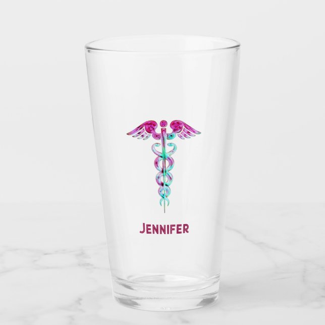 Personalised Nurse Retro Pink Teal Caduceus Glass (Front)