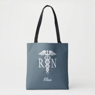 Personalised Nurse RN Dusty Blue Medical Caduceus Tote Bag