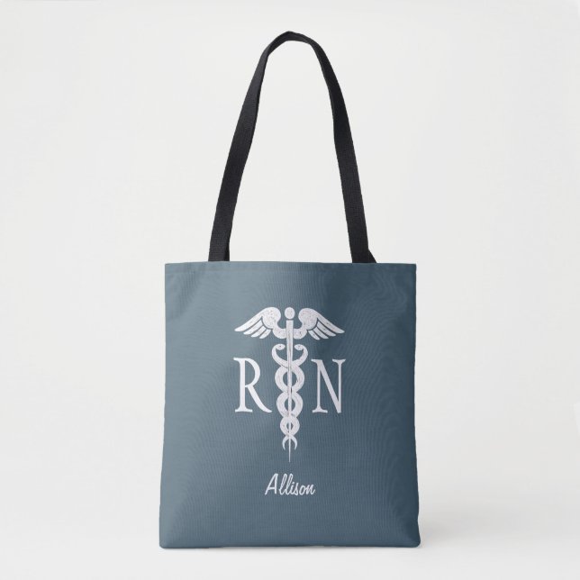 Personalised Nurse RN Dusty Blue Medical Caduceus Tote Bag (Front)