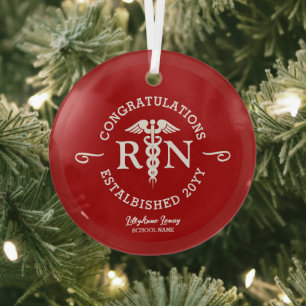 Personalised Nurse RN Graduation Red Medical Glass Tree Decoration