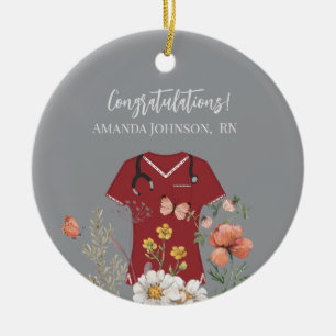 Personalised Nurse RN LPN NP Maroon Scrubs Ceramic Tree Decoration