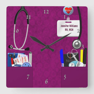 Personalised Nurse Scrubs in Dark Pink Square Wall Clock