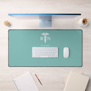 Personalised Nurse Teal White Caduceus Medical Desk Mat
