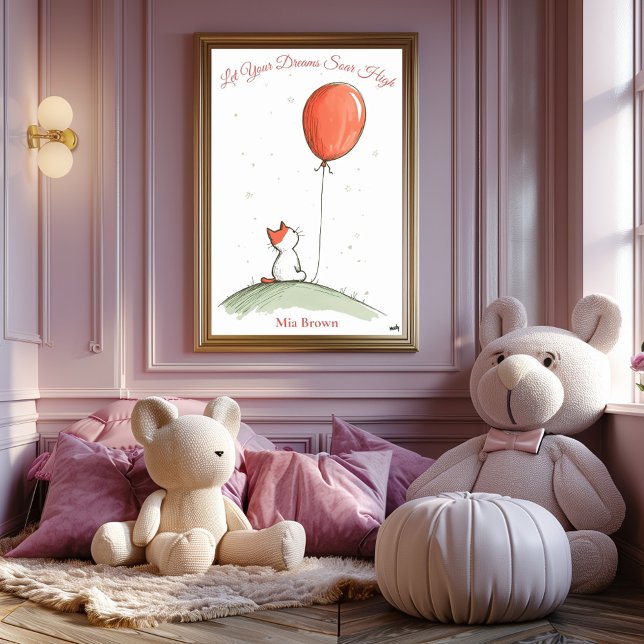 Personalised Nursery Art – Cat with Red Balloon Poster (Creator Uploaded)