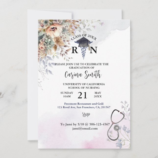 Personalised Nursing School Graduation Boho Floral Invitation (Front)