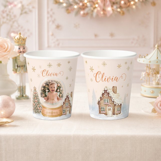  Personalised Nutcracker Photo Snow Globe Birthday Paper Cups (Personalized Nutcracker Photo Snow Globe Birthday Paper Cups - Front and Back)