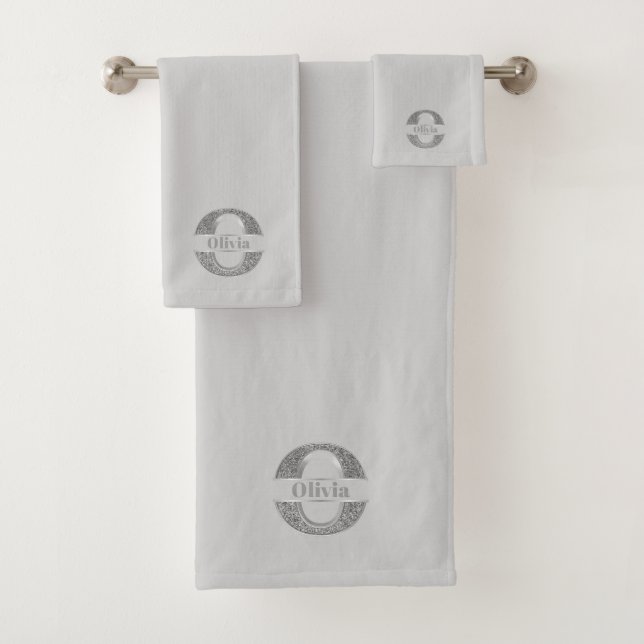 Personalised O Initial Silver Monogram Your Name Bath Towel Set (Insitu)