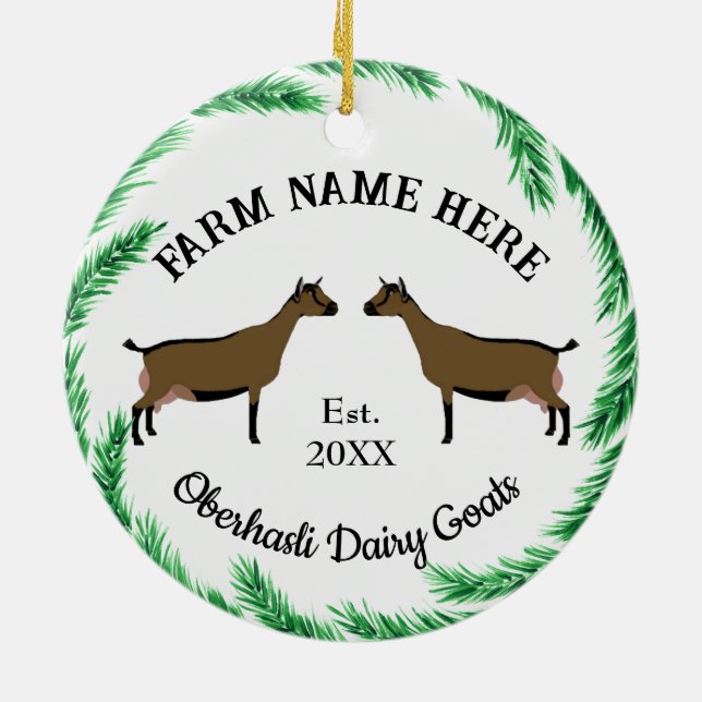 Personalised Oberhasli Dairy Goat Pine Wreath Ceramic Tree Decoration (Back)
