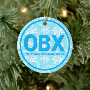 Personalised OBX Outer Banks NC Floral Blue Beach Ceramic Tree Decoration