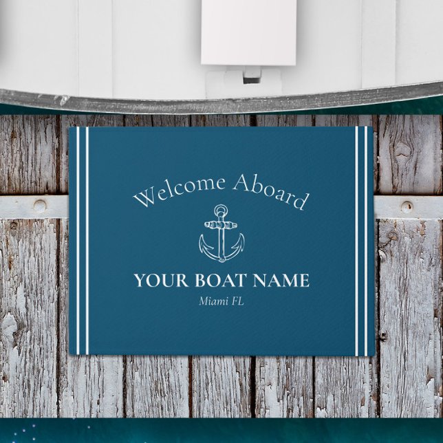 Personalised Ocean Blue Nautical Doormat 🌊⚓  (Welcome Aboard Nautical Welcome Mat Personalized with Your Boat Name and Home Port in Ocean Blue)