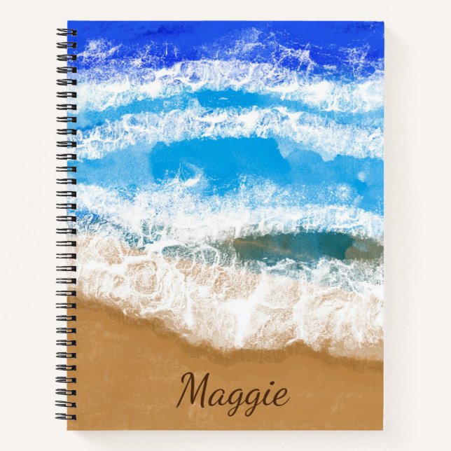 Personalised Ocean Waves Crashing on Sandy Beach Notebook (Front)
