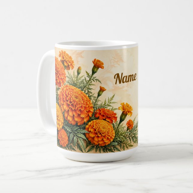 Personalised October Birth Flower Marigold  Coffee Mug (Front Left)