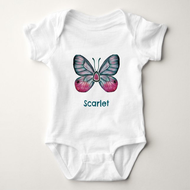 Personalised October Pink Glasswing Butterfly Art Baby Bodysuit (Front)