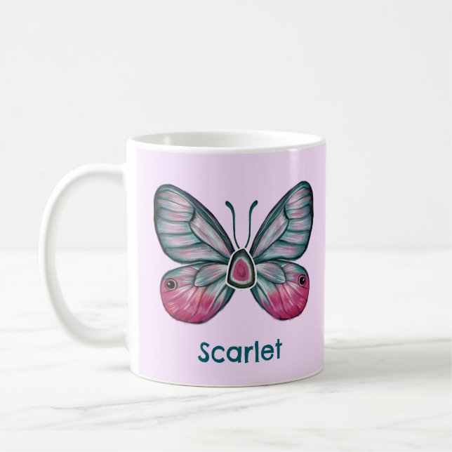 Personalised October Pink Glasswing Butterfly Art Coffee Mug (Left)