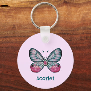 Personalised October Pink Glasswing Butterfly Art Key Ring