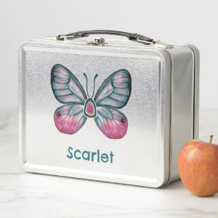 Personalised October Pink Glasswing Butterfly Art Metal Lunch Box
