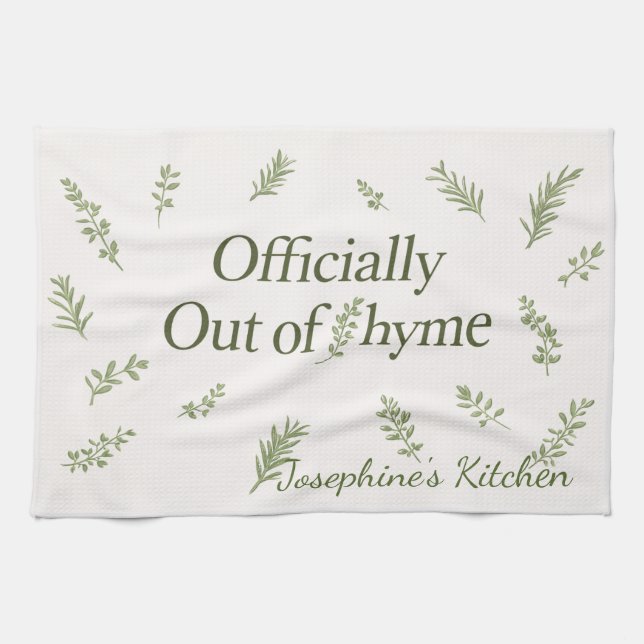 Personalised Officially Out of Thyme Funny Kitchen Tea Towel (Horizontal)