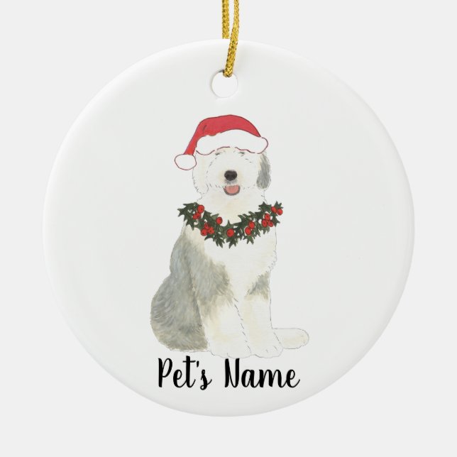 Personalised Old English Sheepdog Ceramic Tree Decoration (Front)