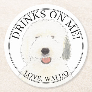 Personalised Old English Sheepdog Dog Wedding Round Paper Coaster