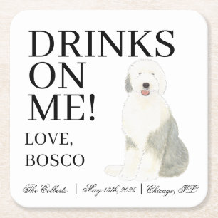 Personalised Old English Sheepdog Wedding Square Paper Coaster