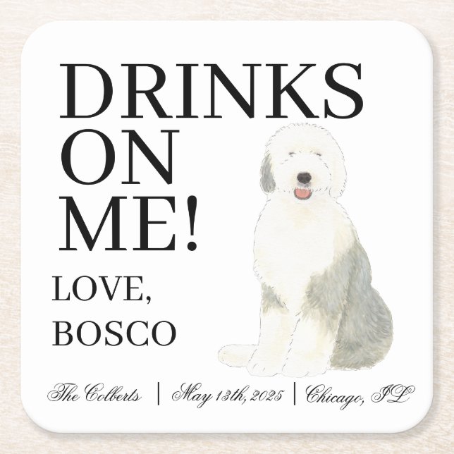 Personalised Old English Sheepdog Wedding Square Paper Coaster (Front)