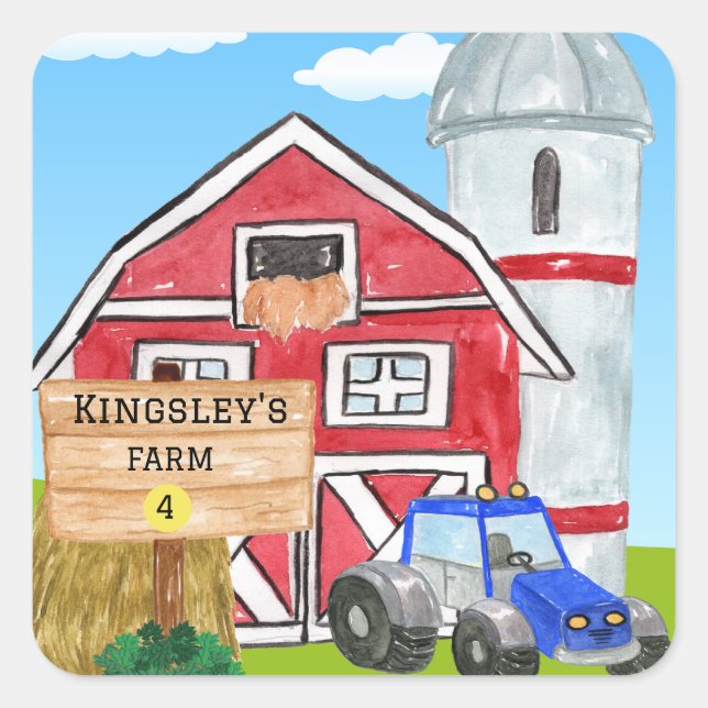 Personalised Old MacDonald's Farm Blue Tractor Square Sticker (Front)