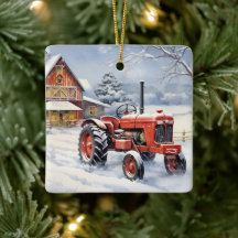 Personalised Old Red Tractor Winter Farm Christmas