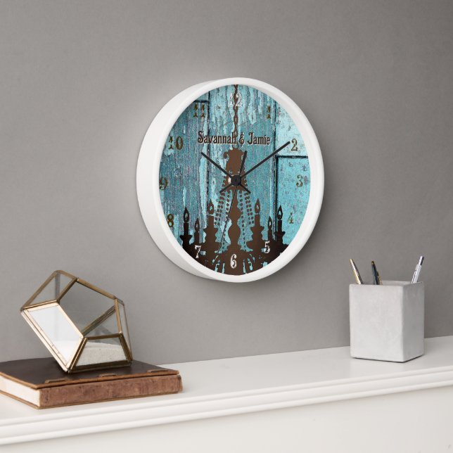 Personalised Old Rustic Aqua Wood Chandelier Wall Clock (Office)