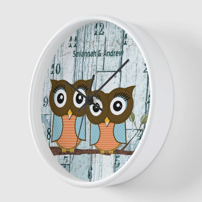 Personalised Old Rustic Aqua Wood Love Bird Owls Clock (Angle)
